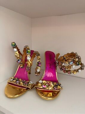 Elegant Gold and Pink Jeweled High Heels